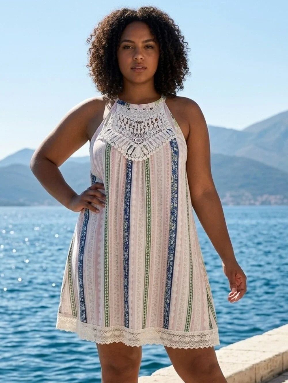 Boho Crochet Lace Shift Dress Striped Chiffon Sleeveless Large Resort Summer